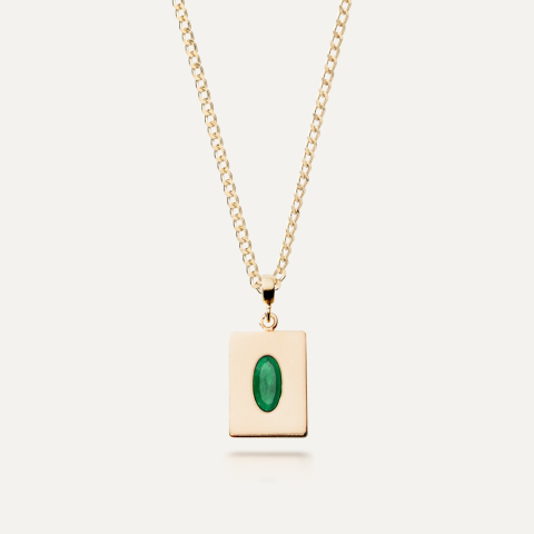 Silver necklace with oval stone - green jade gold plated