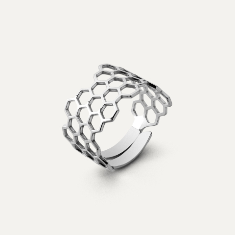 Honeycomb ring, sterling silver 925 platinum plated