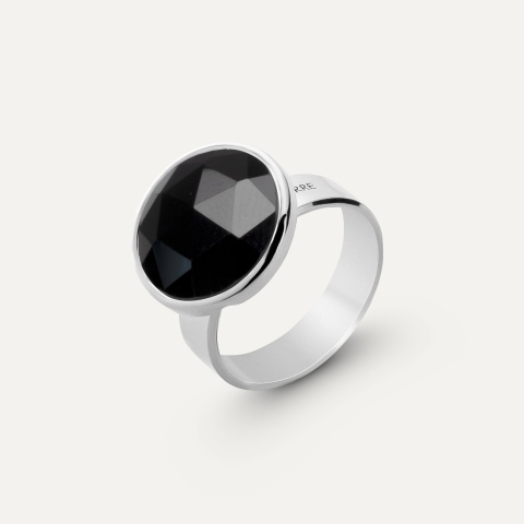 Rose Cut Silver Ring - Black Onyx, Platinum Plated 925 Silver