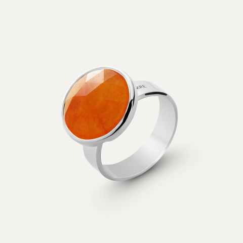 Rose Cut Silver Ring - Orange Jadeite, Platinum Plated 925 Silver