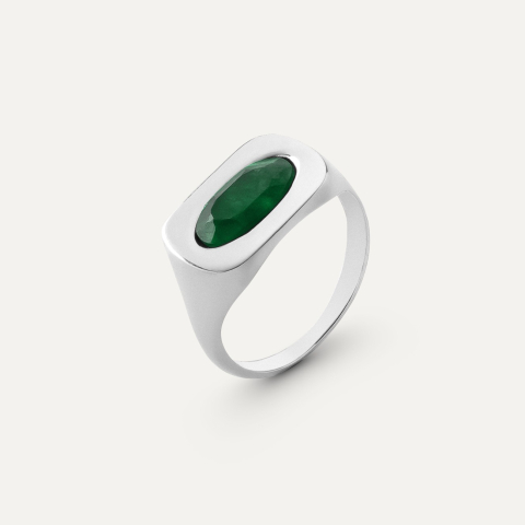 Silver ring with oval stone - green jadeite, silver 925 platinum plated