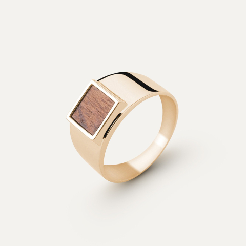 Silver men's signet ring with wood - square, silver 925 with gold plating