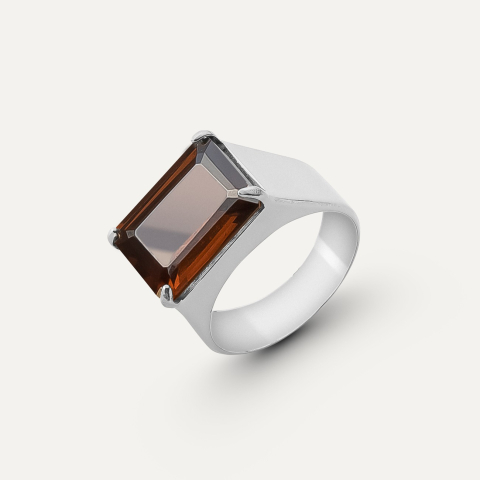 Silver men's signet ring with natural stone - beer quartz, silver 925 platinum plated
