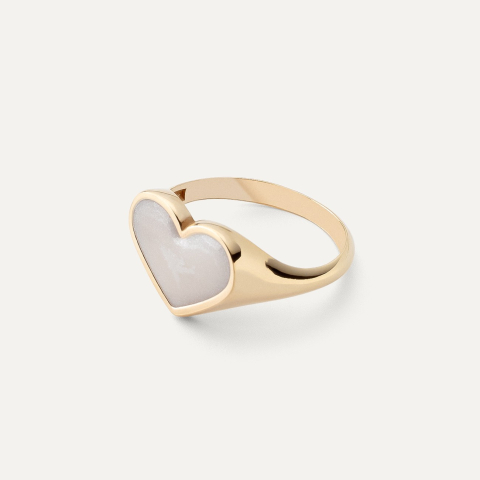 Silver heart signet ring with white resin, 925 silver in gold plating