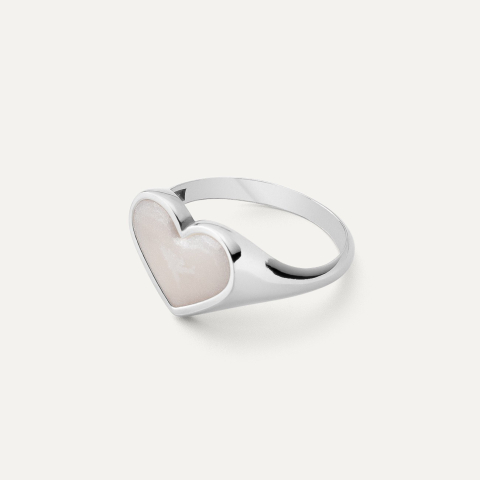 Silver heart signet ring with white resin, 925 silver platinum plated