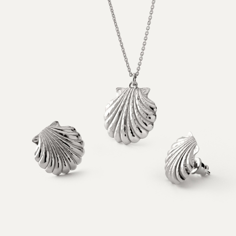 Jewellery set with shell motif, sterling silver 925 platinum plated
