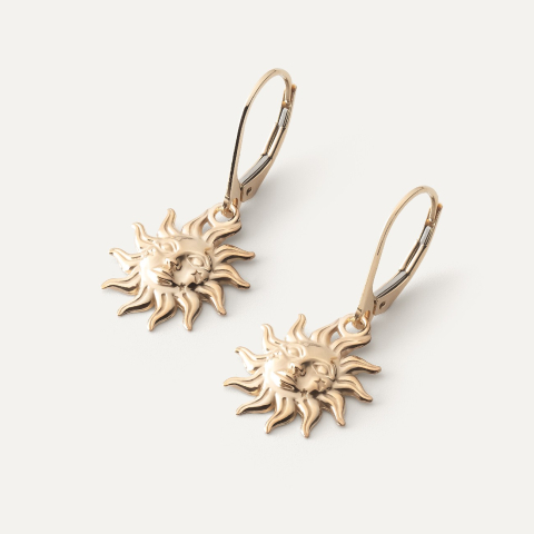 Gold sun earrings, gold 14K
