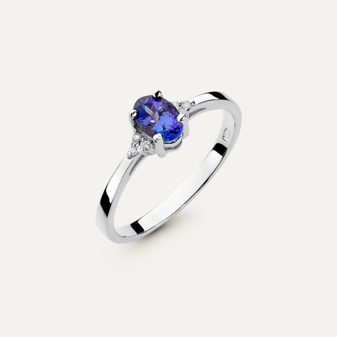Gold ring with oval sapphire and diamonds - Retro, gold 585 white 