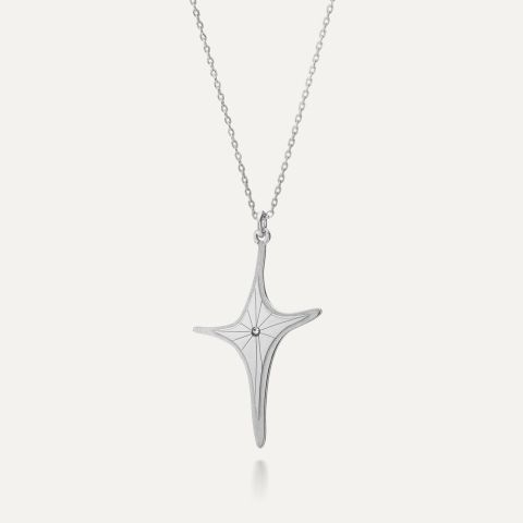 Necklace with white crystal star, sterling silver 925 platinum plated