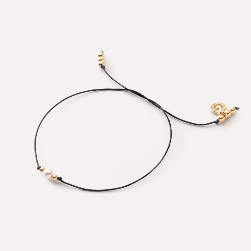 Lucky bracelet with a pearl on a black cord, silver 925 gold plated