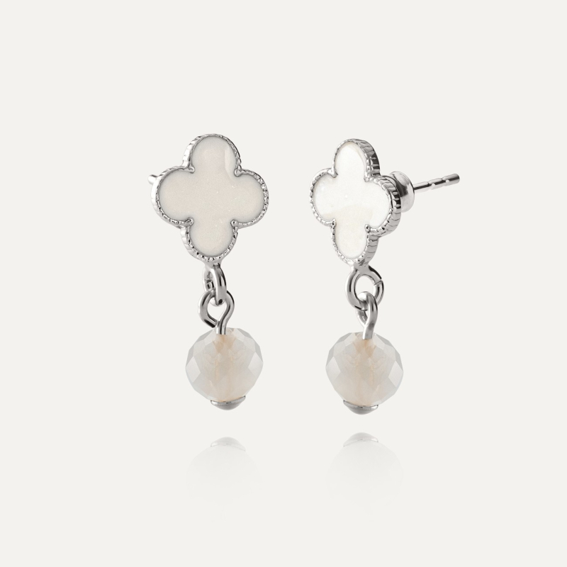 Kolczyki wiszące - koniczynki z białym kamieniem, srebro 925 w pokryciu platyną