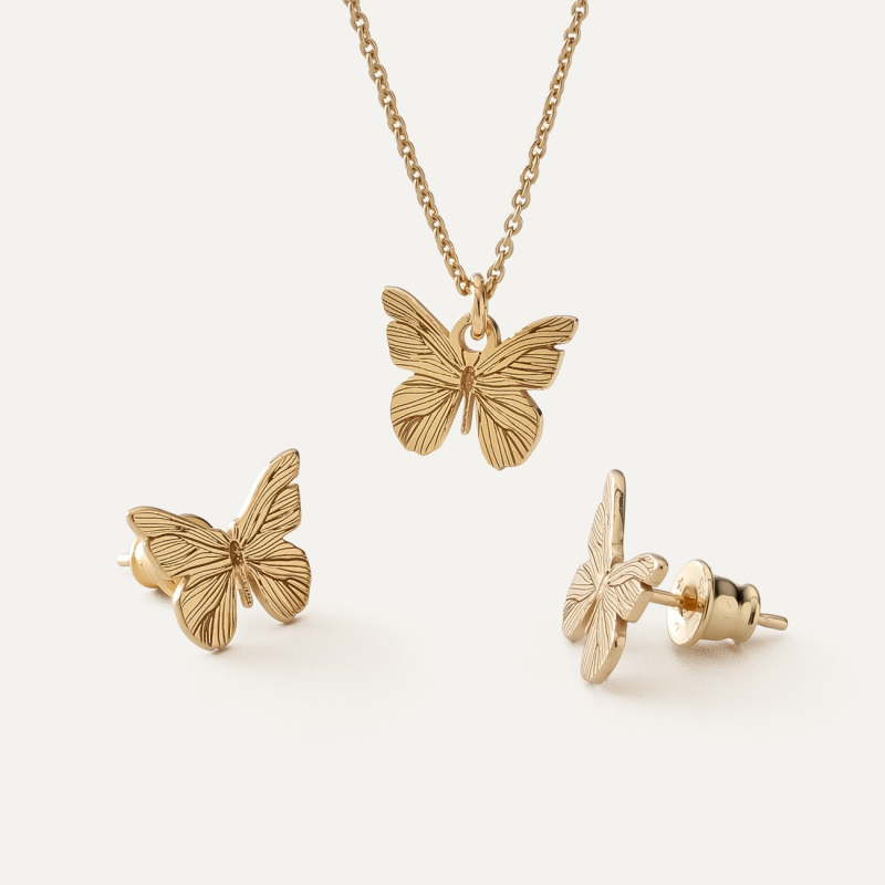 Set with butterflies - earrings and necklace, 925 silver with gold plating