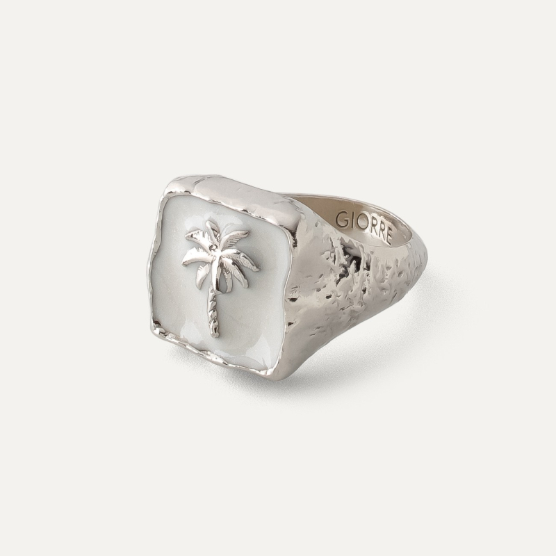 Pierścionek sygnet palma biała żywica, srebro 925 w pokryciu platyną