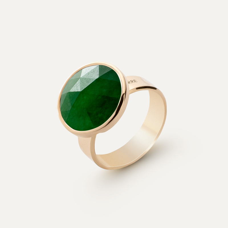 Silver ring with Rose Cut stone - green jadeite, silver 925 in gold plating