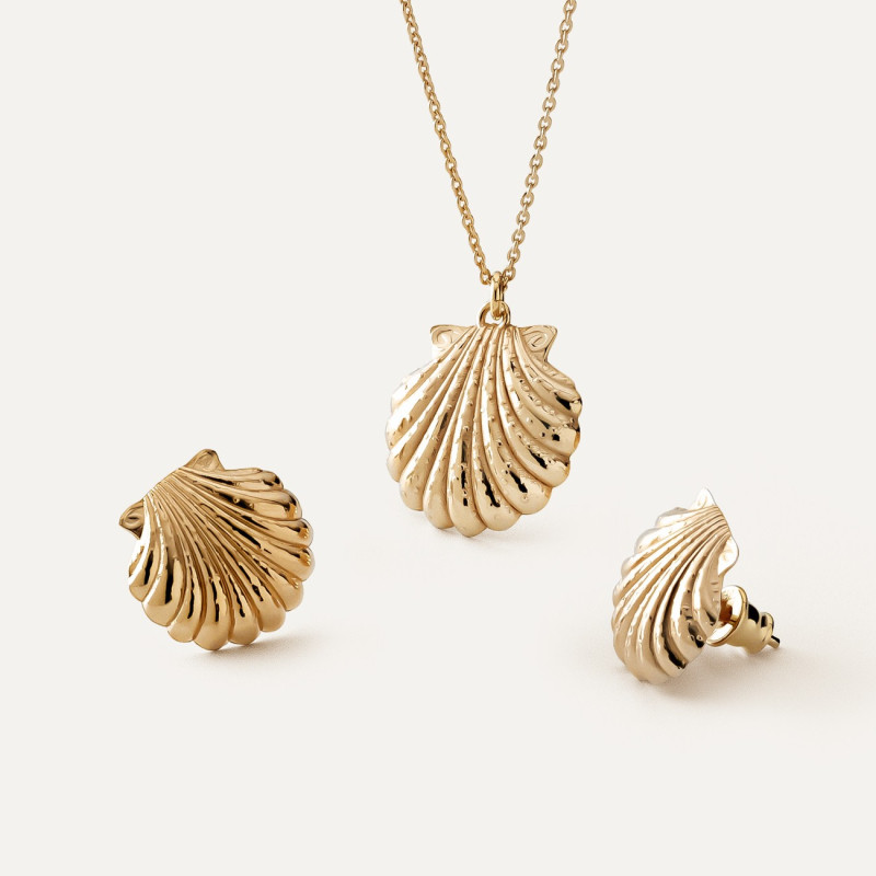 Jewellery set with shell motif, 925 silver with gold plating