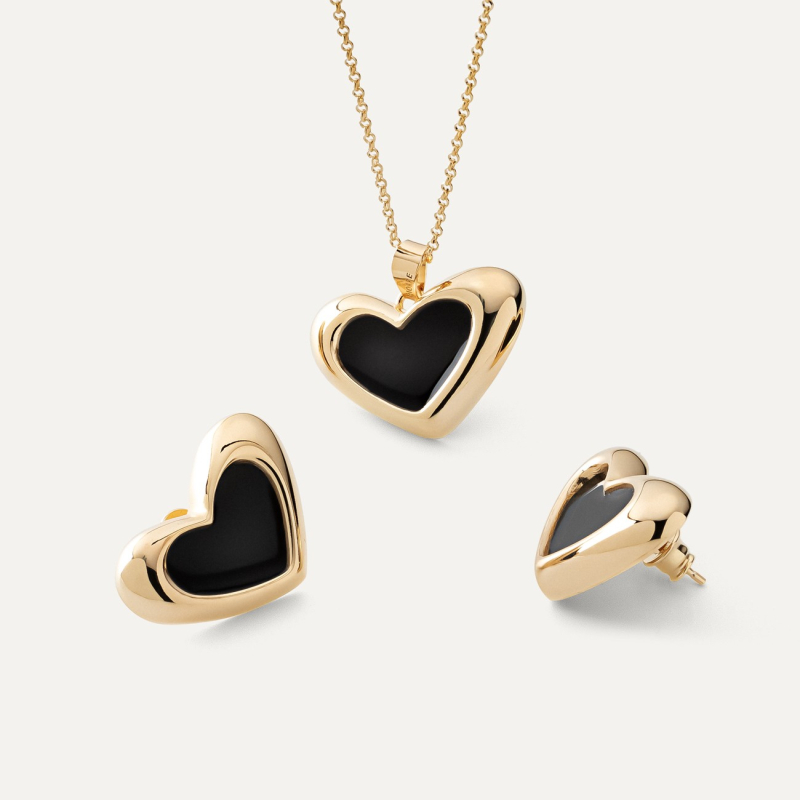 Jewelry set with black resin hearts, 925 silver with gold plating