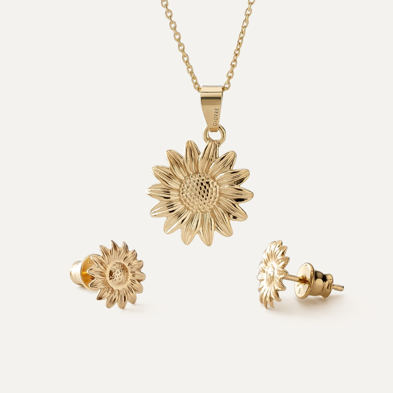 Set with sunflower flower, 925 silver with gold plating