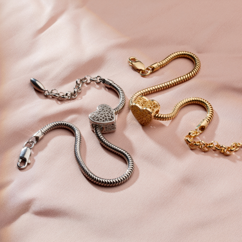 Bransoletka ażurowe serce na żmijce, srebro 925 pokryte platyną                                    