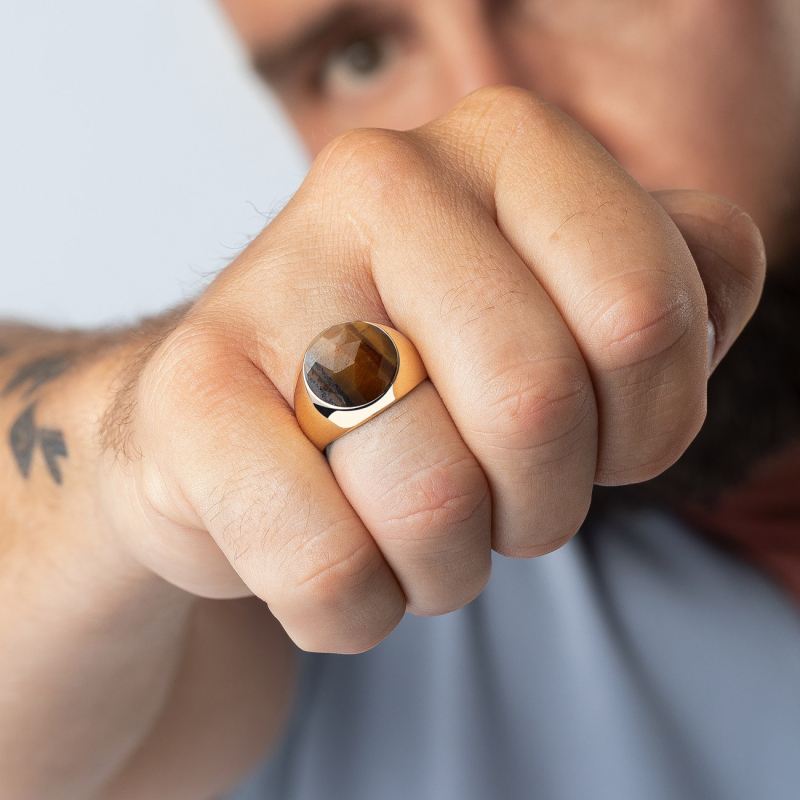 Men's signet ring - tiger eye, silver 925 with gold plating                                    