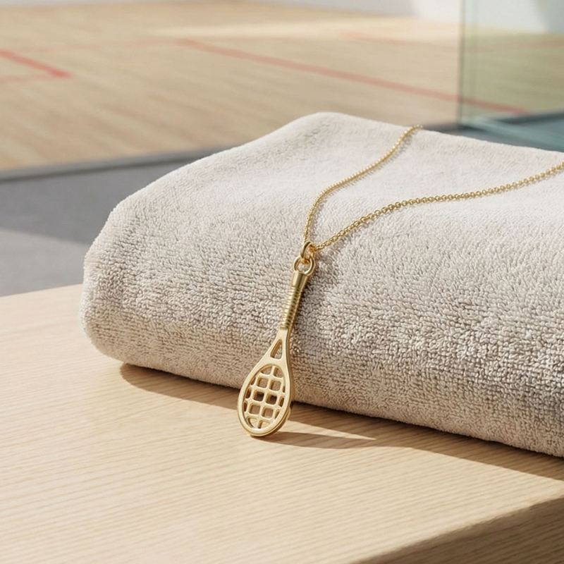 Squash racket necklace, silver 925 gold plated                                    
