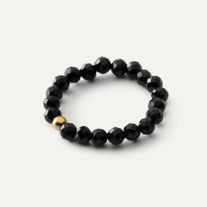 Elastischer Ring mit schwarzen Steinen und Kugel, 925er Silber gelbvergoldet