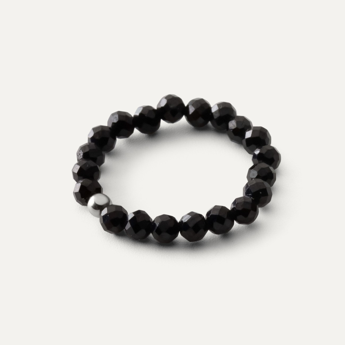 Elastischer Ring mit schwarzen Steinen und Kugel, Silber 925 mit Platin beschichtet