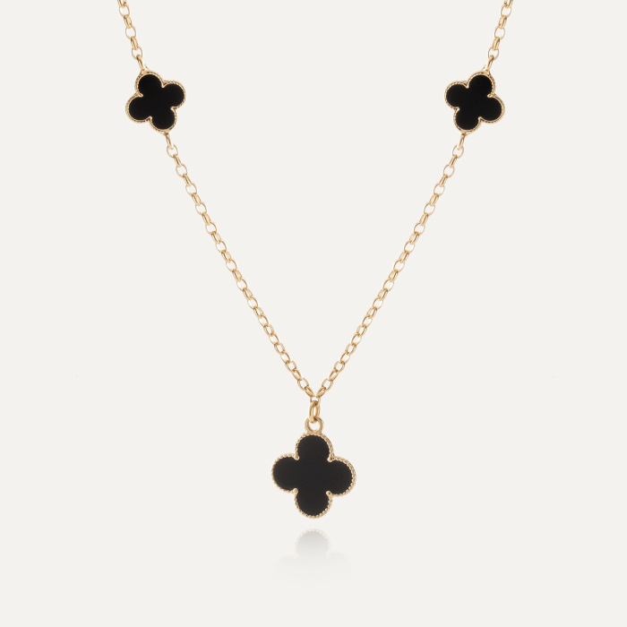 Halskette mit Kleebl&auml;ttern aus schwarzem Harz, 925er Silber mit Vergoldung