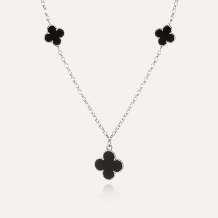 Halskette mit Kleeblättern aus schwarzem Harz, 925er Silber platiniert