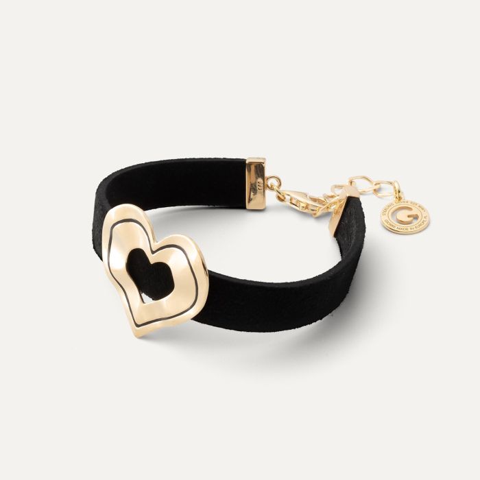 Alcantara bracelet - heart with black resin, sterling silver 925 gold plated