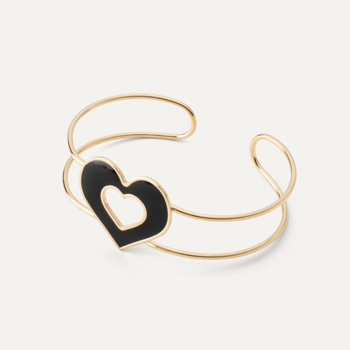 Black resin heart bracelet, sterling silver 925 gold plated