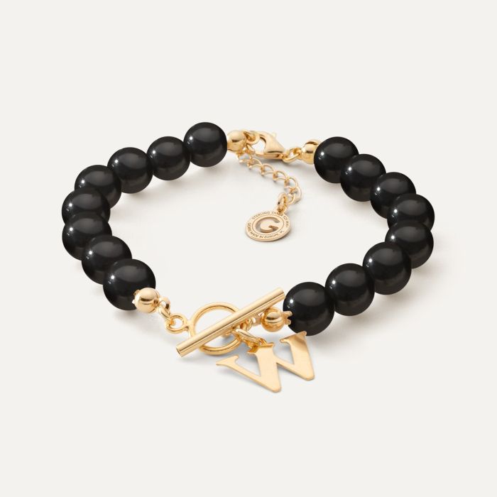 Bracelet with black pearls and letter , 925 silver in gold plating