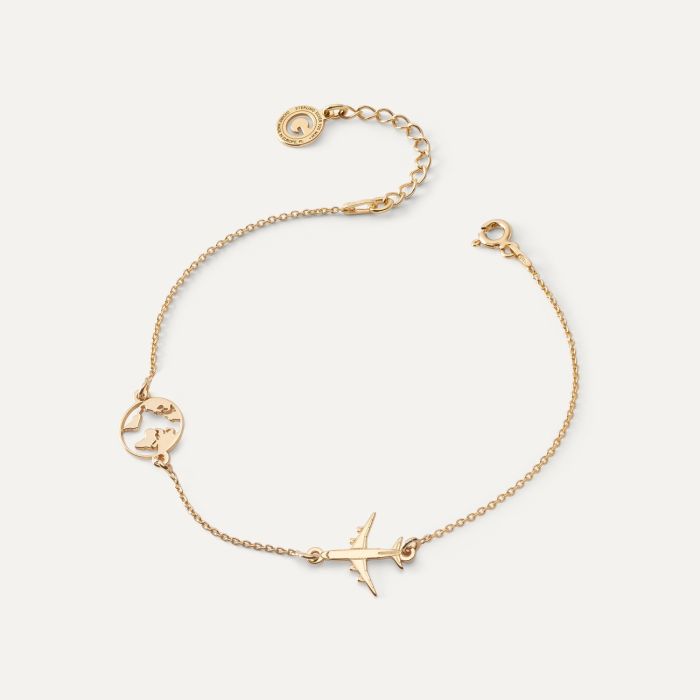 Bracelet - globe and plane, sterling silver 925 gold plated