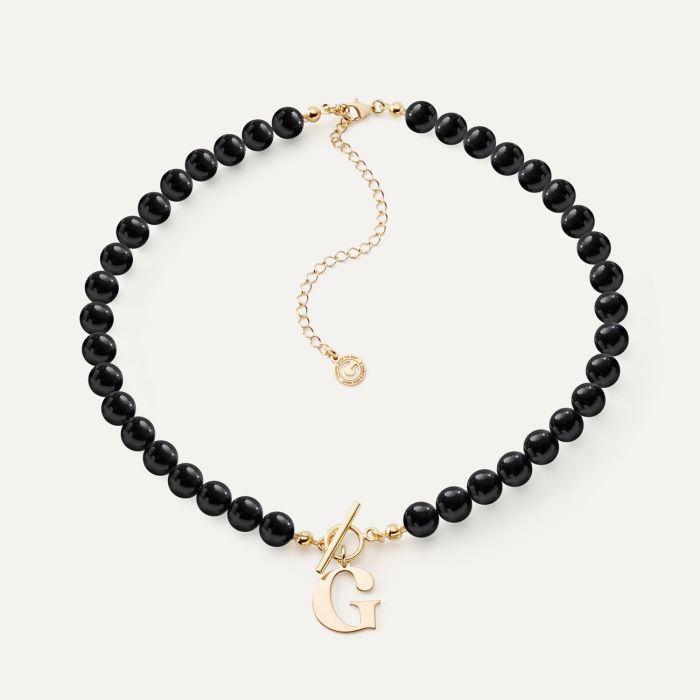 Choker with black pearls and letter , 925 silver with gold plating