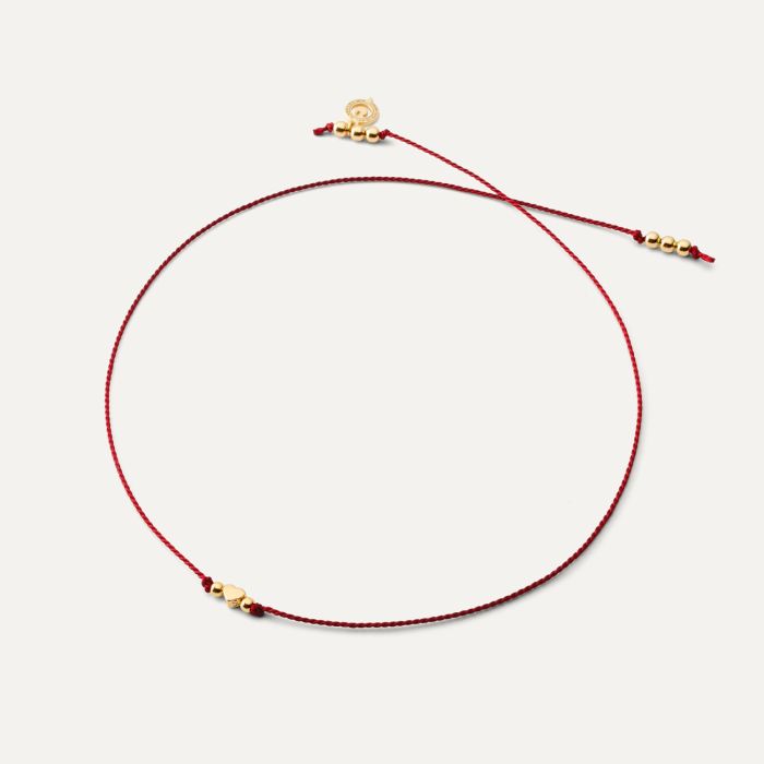 Red cord bracelet with heart, sterling silver 925, gold plated