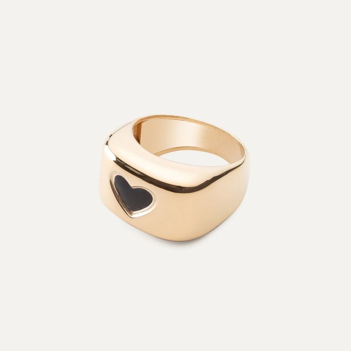 Women's signet ring with black resin, 925 silver with gold plating