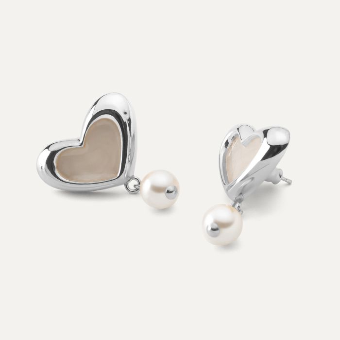 Heart earrings with white resin and pearl, sterling silver 925, platinum plated