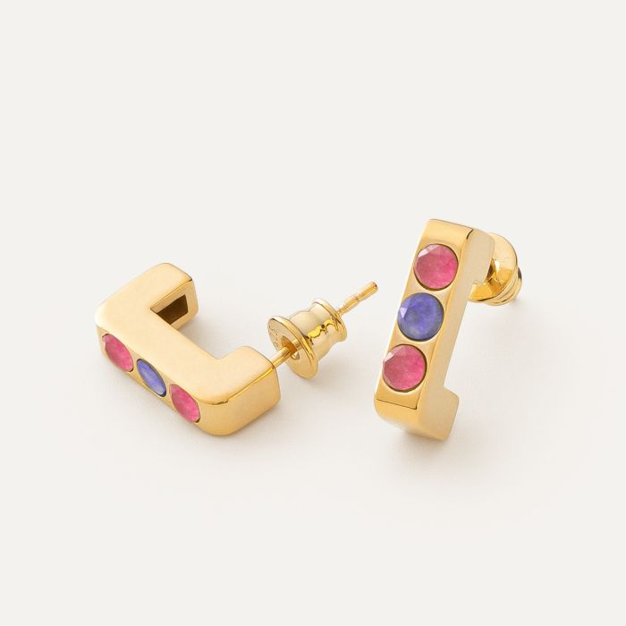 Stud earrings with stones - purple and pink jade, silver 925 gold plated