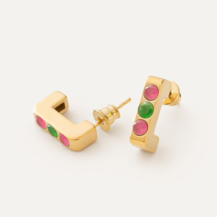 Stud earrings with stones - green and pink jade, silver 925 gold plated