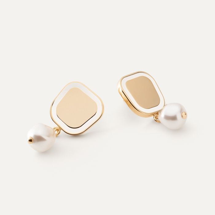 Square earrings with white resin and pearl, sterling silver 925 platinum plated