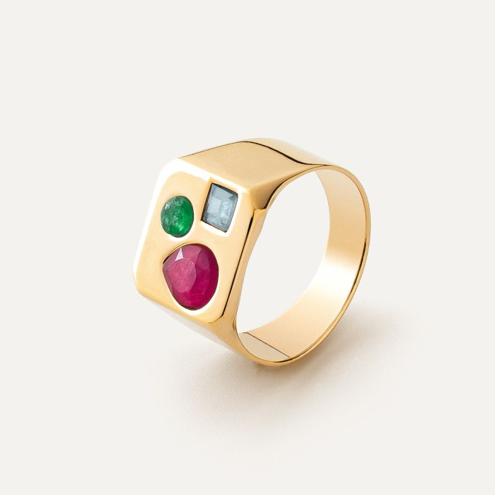 Square women's signet ring with colored stones, 925 silver with gold plating