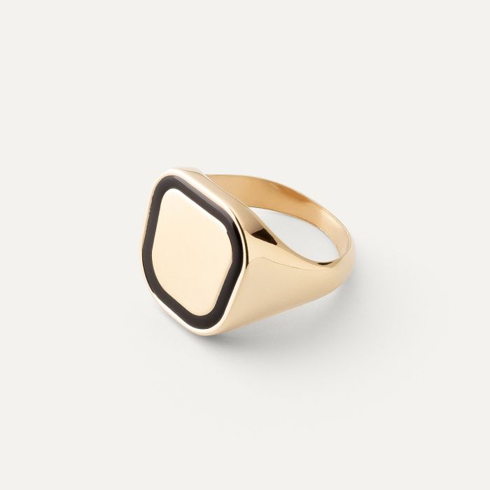 Square signet ring with black resin, 925 silver with gold plating