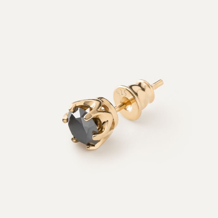 Men's earring with 6 mm black diamond, silver 925 gold plated