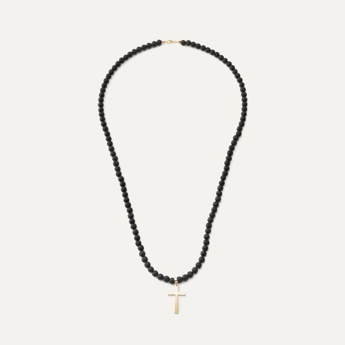 Men's necklace - volcanic lava with a cross, silver 925 gold plated