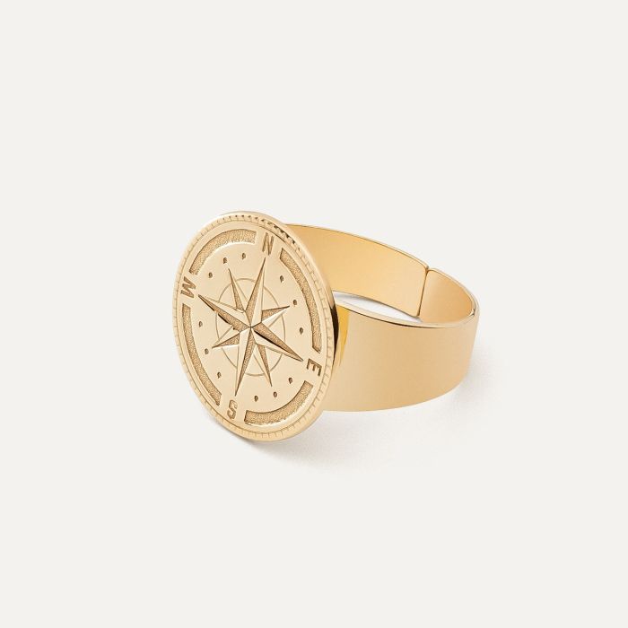 Men's signet - wind rose with engraving, silver 925 gold plated