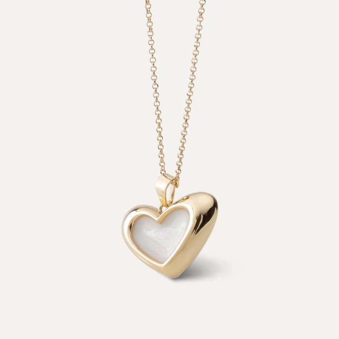 White resin asymmetrical heart necklace, sterling silver 925 gold plated