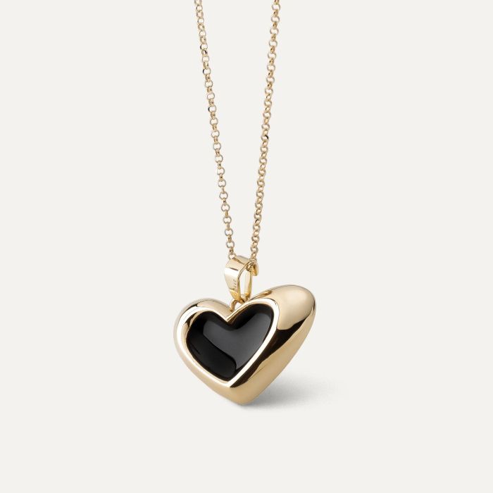 Black resin asymmetrical heart necklace, sterling silver 925 gold plated