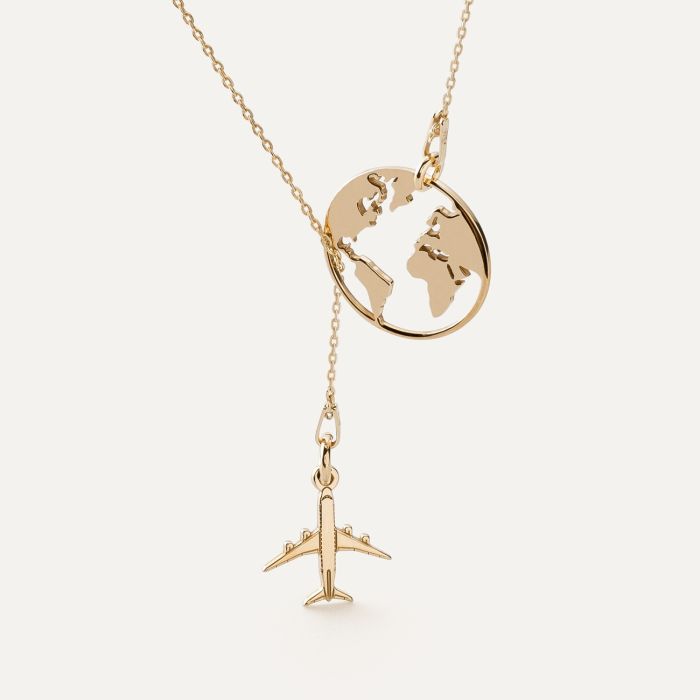 Necklace - Globe with plane, sterling silver 925 gold plated