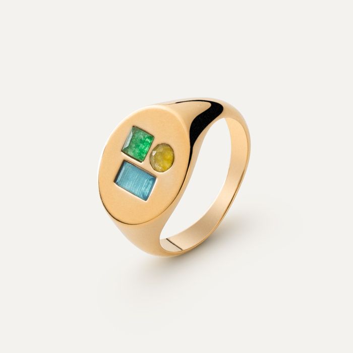 Oval women's signet ring with colored stones, 925 silver with gold plating