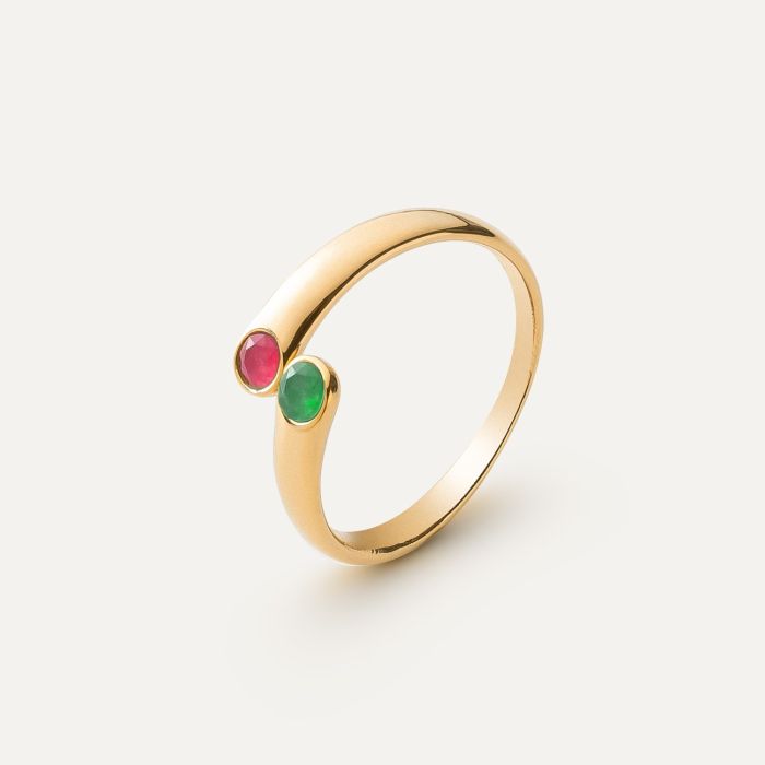 Universal ring with green and pink jade, silver 925 gold plated