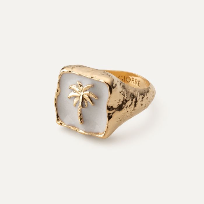 Palm signet ring, white resin, silver 925, gold plated